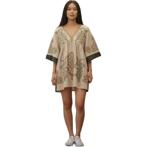 Dreamy Boho Embroidered Babydoll Dress | Cream + Sage | Size M - Image 7