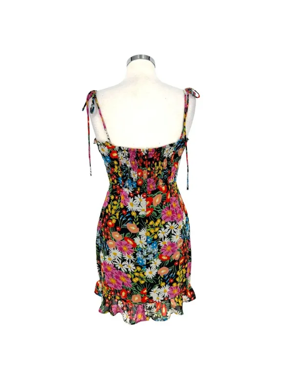 Sugarlips Lupita Floral Tie Strap Ruffle Mini Dress Black Multicolor Size Medium - Image 7