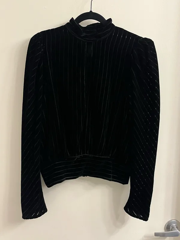 Frame Denim Velvet Long Sleeve Smocked Party Blouse Noir Size Medium - Image 3