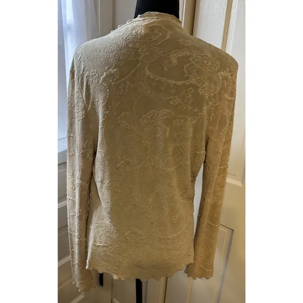 VTG B.Moss Stretch Cardigan Blouse Cream Textured Paisley Fairycore Size Large - Image 4