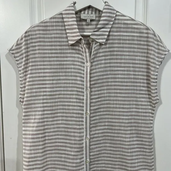 Lucky Brand Size S Dress Button Down Maxi Shirt‎ Striped Lightweight Cap Sleeve - Image 3
