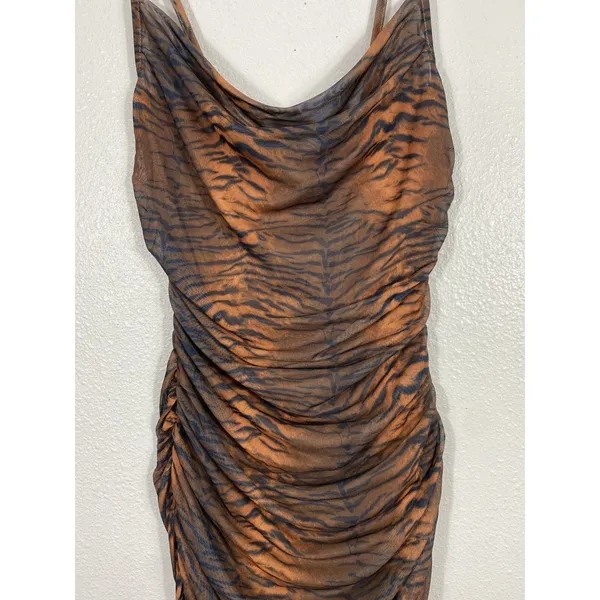 Princess Polly Tiger Print Ruched Mesh Mini Dress Size 2 Brown Black Y2K Party - Image 5