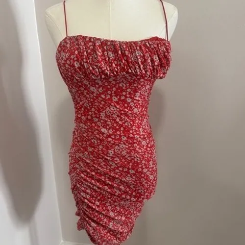 Hello Molly Red Floral Mesh Ruched Bodycon‎ Mini Dress Womens US 6 Medium - Image 2