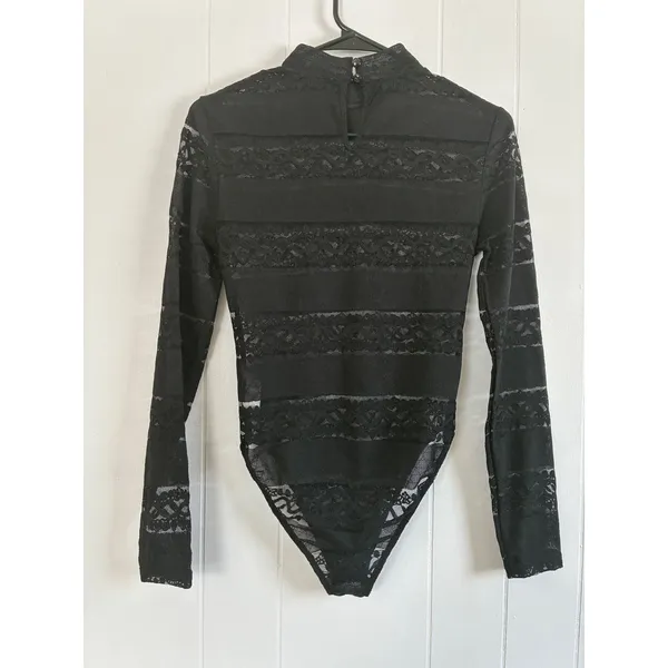 Jolie & Joy Sheer Lace Striped Mock-Neck Bodysuit‎ - Image 4