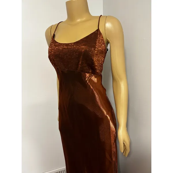 Chelsea Nites Copper Bronze Metallic Maxi Dress Spaghetti Strap Vintage 90s 12 - Image 2