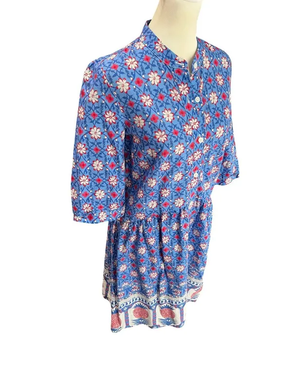 Tuckernuck Blue Floral Block Print Cotton Mini Dress XS Boho Preppy Cottagecore - Image 3