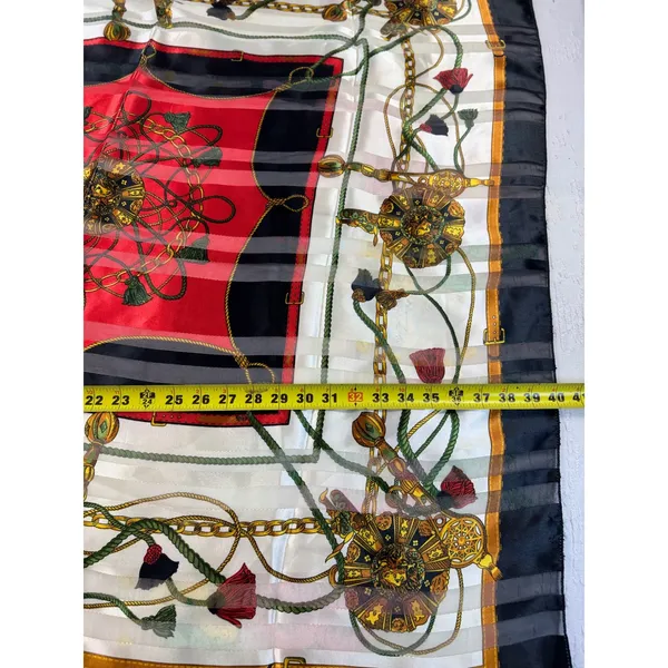Vintage Equestrian Chain Print Square Scarf Red Black Gold‎ Tassel Sheer Stripe - Image 5