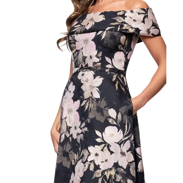 XSCAPE Womens Metallic Jacquard Off-The-Shoulder Gown 6941X Black Rose Multi 4 - Image 10