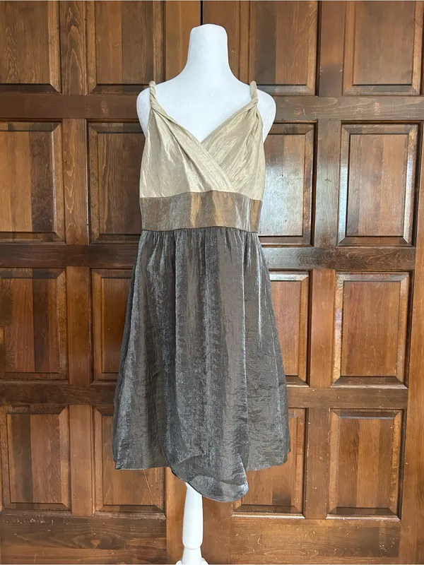 Adrianna‎ Papell Size 14 Shimmer Metallic Cocktail Dress V-Neck Colorblock Midi - Image 2