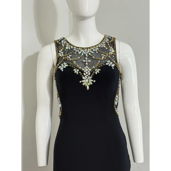 Betsy & Adam Maxi Dress Black Mesh Beaded Rhinestone Gown Sleeveless Crew Neck 2 - Image 3