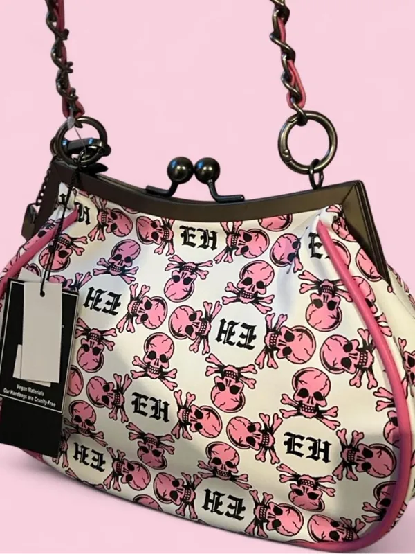 Ed Hardy Pink Skull Print Clutch with Embellished Crest Patch - Image 3