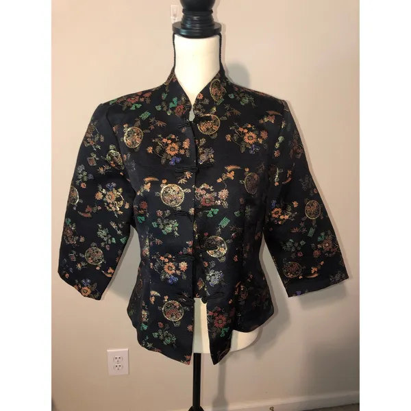 Fredericks of Hollywood Top Jacket Asian Design Damask Vintage 70s Jacket Black - Image 9