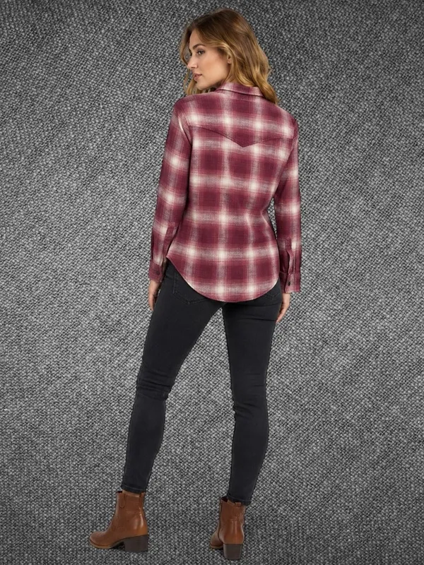 American Eagle Women’s Burgundy Cream Plaid Oversized Western Flannel Shirt - Image 8