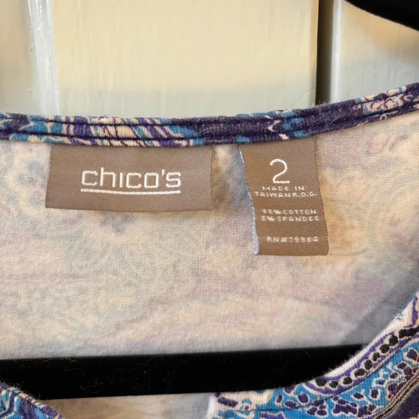 Chico's Size 2 Blue‎ Abstract Floral Paisley Print Blouse Top Shirt Size Large - Image 5