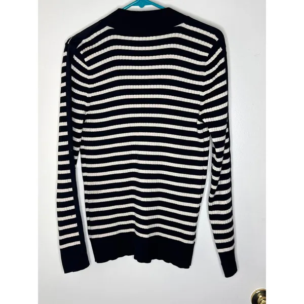 Ralph Lauren Black White Striped Button Mock Neck Ribbed Pullover Size L Cotton - Image 6