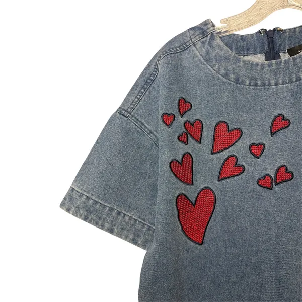 VICI Denim Heart Embroidered Mini Dress Blue Short‎ Sleeve Sz XS Valentine Art - Image 3