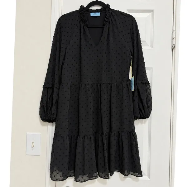 CeCe Black Swiss Dot Tiered Mini Dress Ruffle Neck Balloon Sleeve NWT XS - Image 2