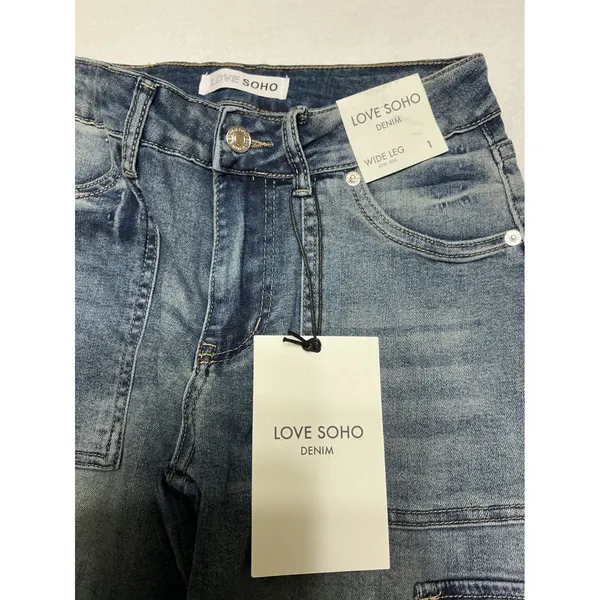 Love Soho Denim Jeans Womens 1 Wide Leg Low Rise Cargo Y2K Blue NWT - Image 3