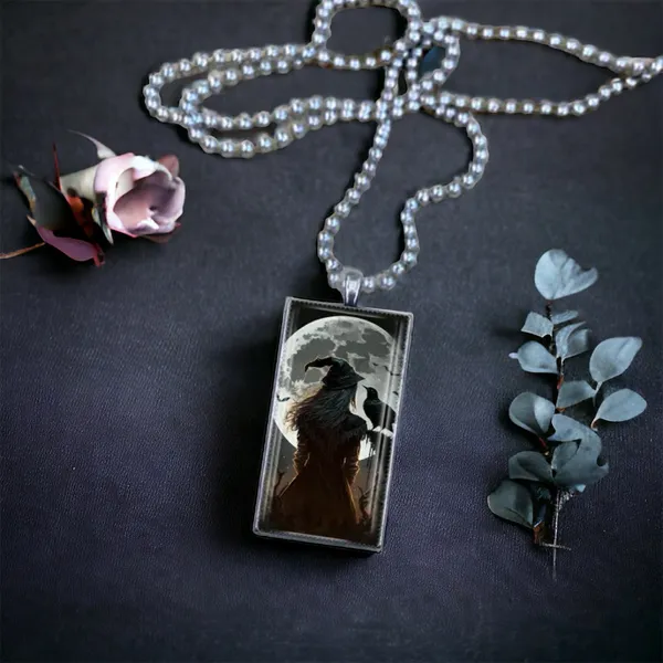 1pc Witch & Crow Pattern Rectangular Pendant Necklace Exquisite‎ Silver Plated - Image 6