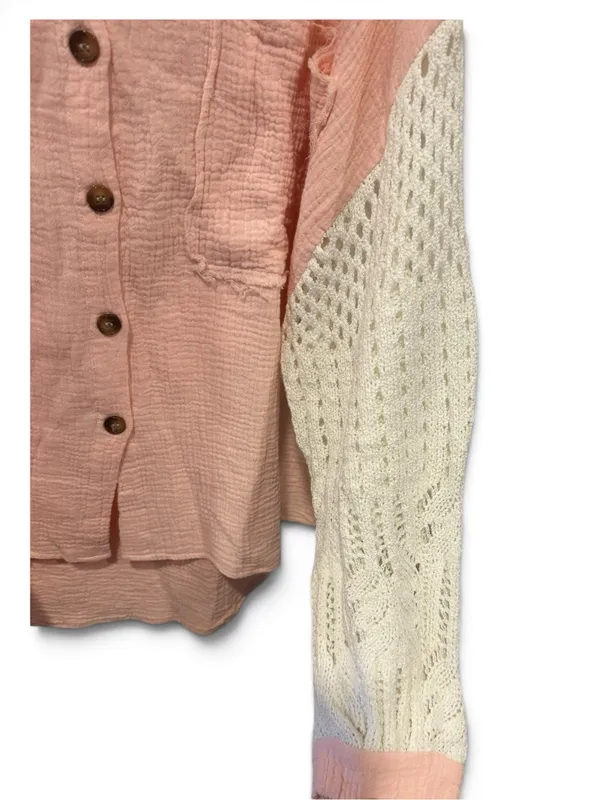 POL Pink Button-Down Gauze Shirt with White Crochet Sleeves - Image 4
