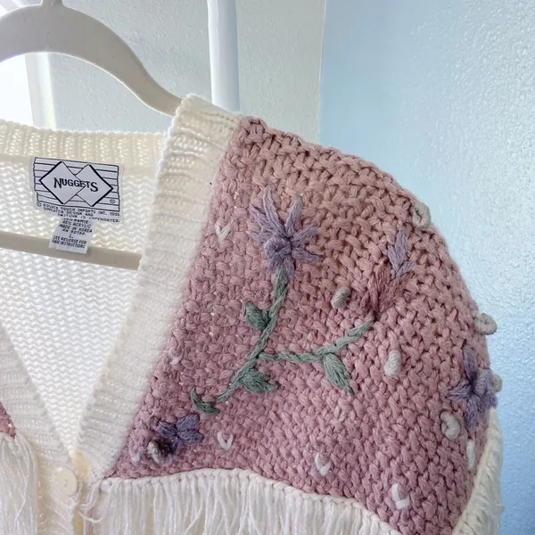Vintage Cream with Pink Purple Floral Knit Sweater Cardigan Fringe - Image 4