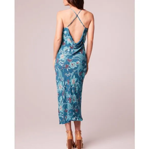 Band of the Free Audette Teal Boho Floral Halter Midi Cowl Back Midi Dress Small - Image 2
