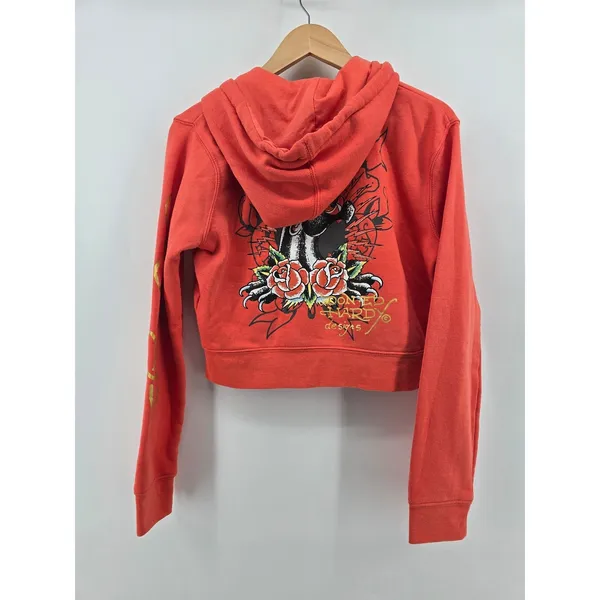 Ed Hardy Hoodie Womens XL Red Cropped Zip Up Tattoo Graphic Panther Dagger Y2K - Image 4