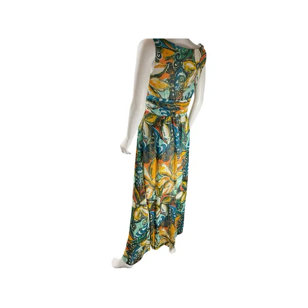 SANGRIA Lined Colorful FLORAL CHIFFON Gathered Neckline/Waist Zip MAXI Dress‎ 10 - Image 6