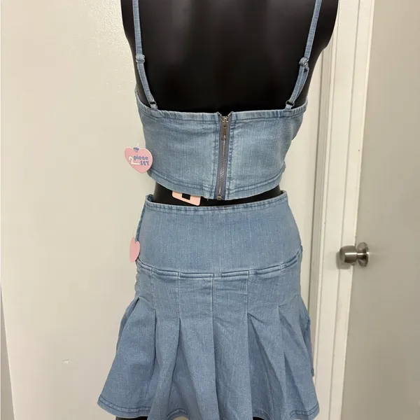 Light Blue Denim Lace-Up Crop Top & Skirt Set NWT Small - Image 2