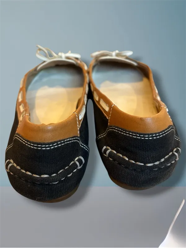 Cole Haan Nike Air Boat Shoe Driving Flats Black Canvas Tan Leather Bow Size 7B - Image 4