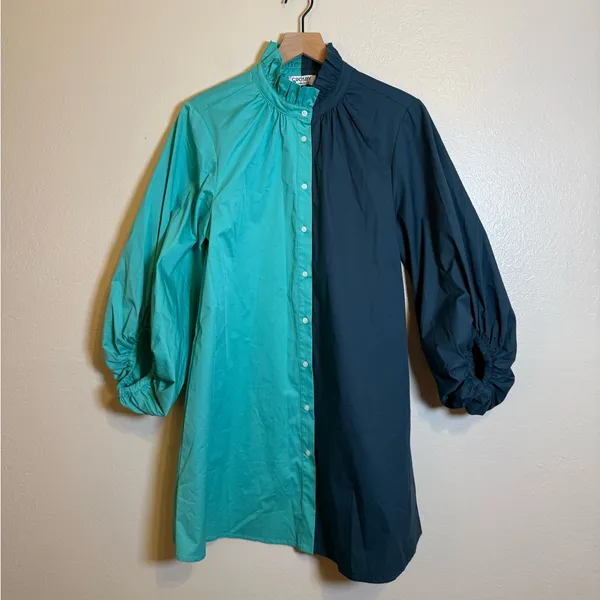 CROSBY‎ Olive Colorblock High Ruffle Collar Long Sleeve Button Front Shirt Dress - Image 2