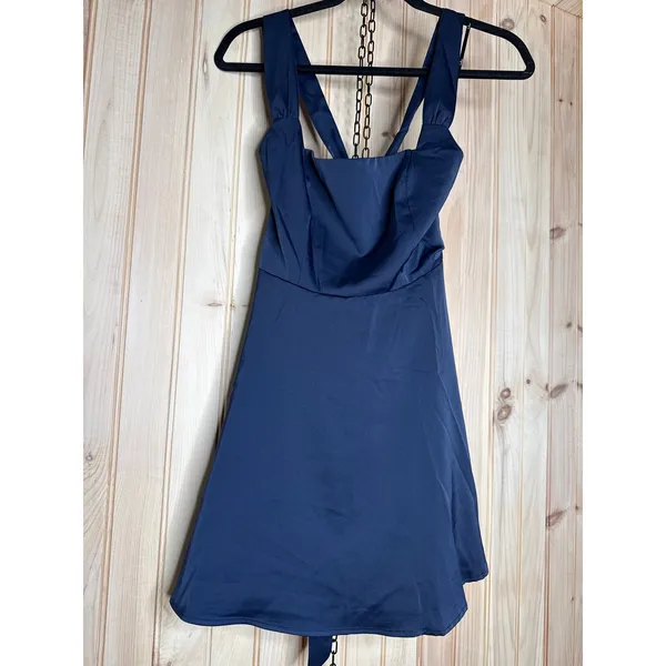 Lulus Admirably Chic Navy Satin Lace-Up Mini Dress Pockets Party Event Small - Image 2