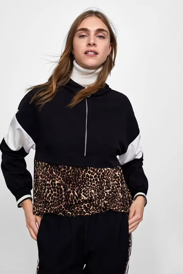 Zara Basic Leopard Print Half-Zip Colorblock Hoodie Pullover - Size XS 🐆✨ - Image 2