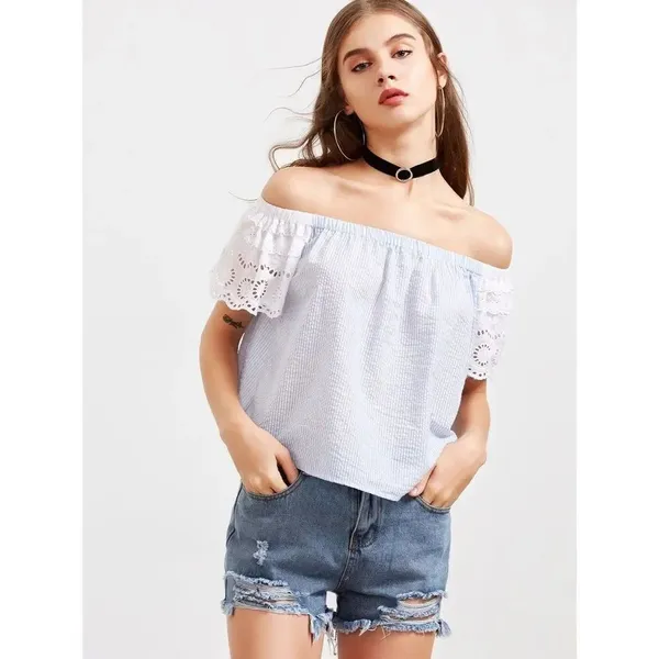 ✨Eyelet Embroidered Off The Shoulder Top✨ Blue Size M - Image 3