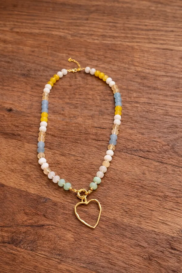 18k gold filled beaded gemstone necklace with hammered gold heart - Image 2