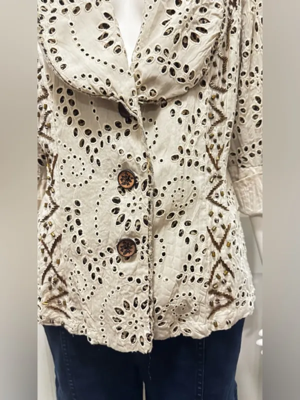 Alberto Makali Eyelet Cotton Embroidered Button-Front Jacket in Cream C-28 - Image 9