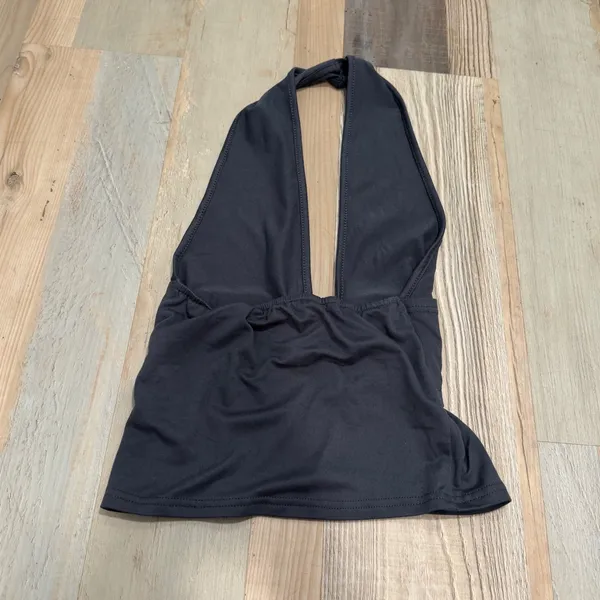 Halter Top O-Ring V-Neck Open Back Charcoal Gray Jersey Knit Festival Summer - Image 2