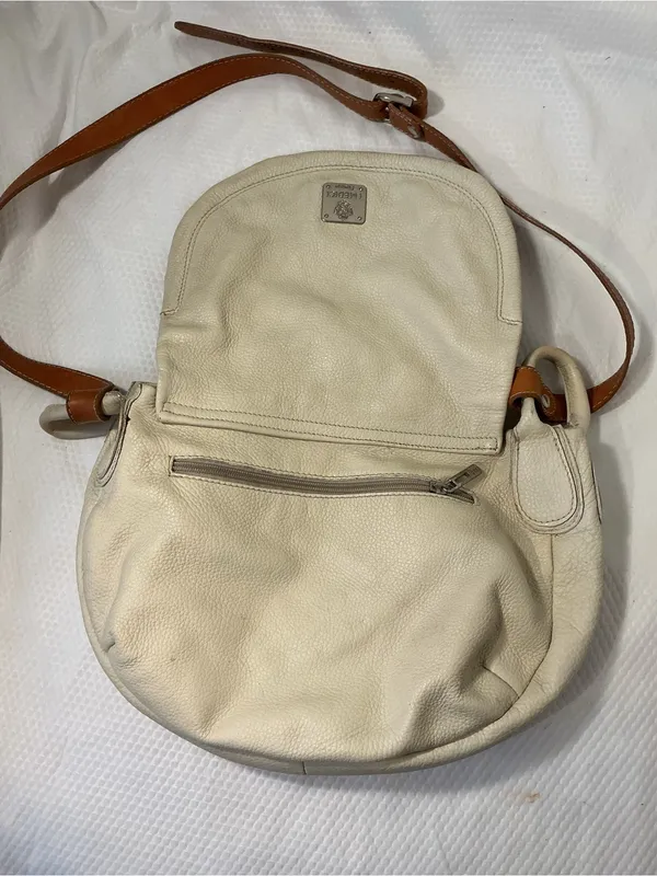 Cream Leather Crossbody Bag with Tan Strap made in Italy genuine leather - Image 6