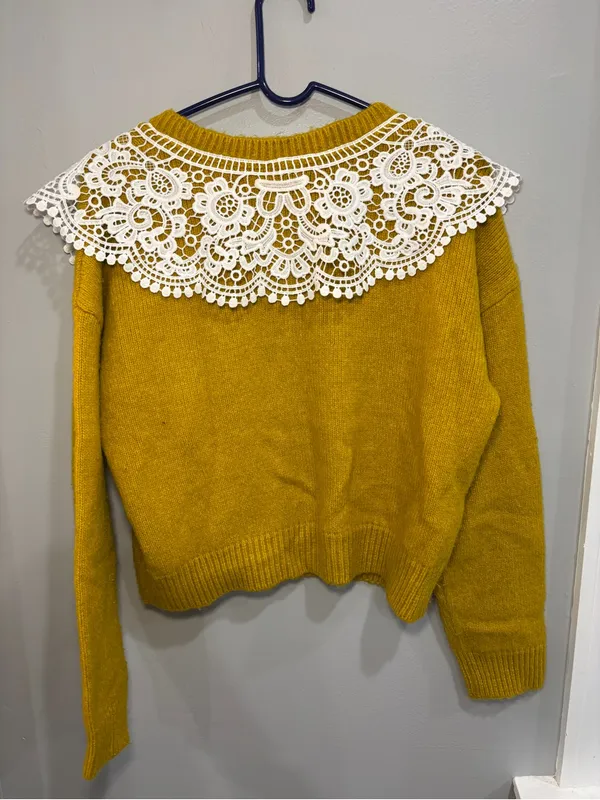 RARE Anthropologie Maeve Mustard Yellow Lace Collar Cardigan Sweater Size M - Image 6