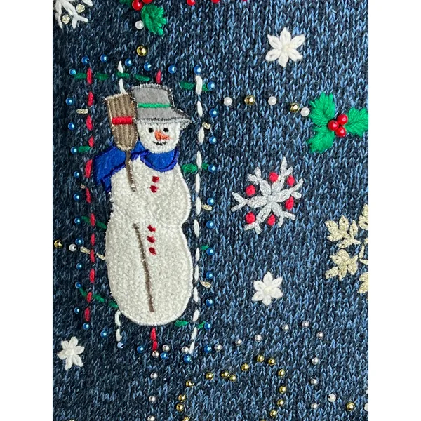 christmas sweater vest snowmen snowflakes beaded Blue Size M - Image 5
