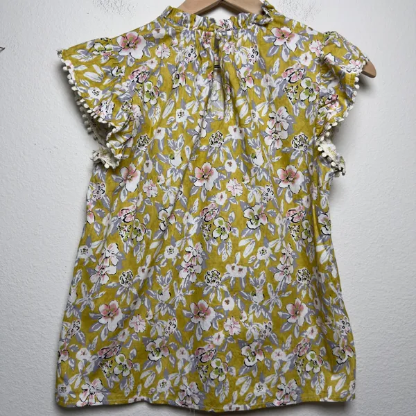 THML Women Cotton Top‎ XS Yellow Floral Ruffle Preppy Garden Party Spring - Image 10