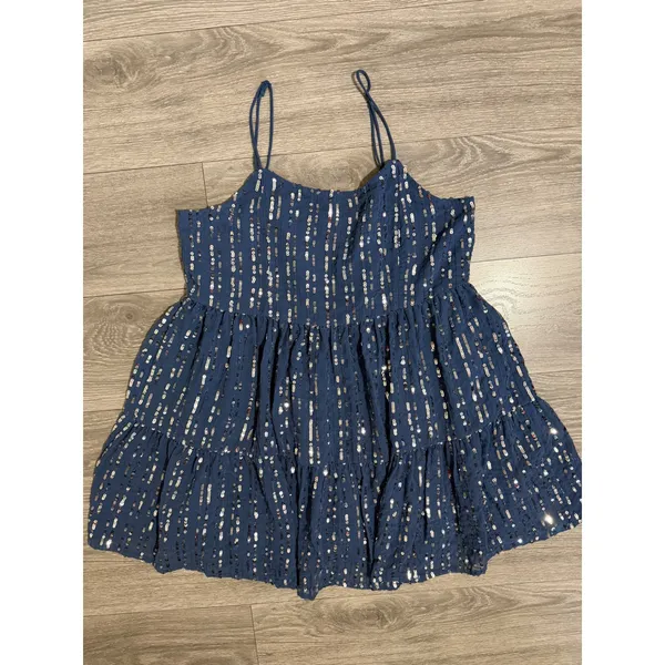 Urban Outfitters Mini Dress L Blue Sequin Babydoll Tiered Square Neck Y2K Indie - Image 14