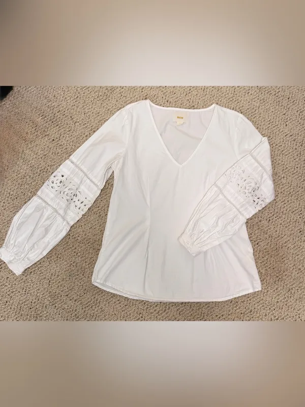 Maeve Anthropologie White Cotton Lace Cutout Sleeve V Neck Blouse Size 6‎ - Image 2