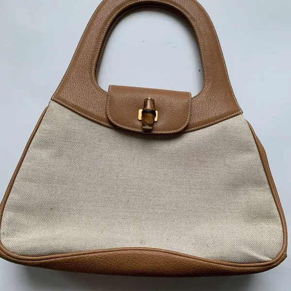 Vintage Authentic Gucci 90’s Leather Bamboo Canvas Shoulder Tan Preppy Classic - Image 3