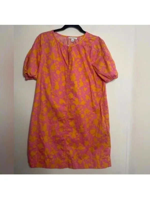 Free Assembly Pink and Orange Floral Shirred Short Sleeve Dress Pockets - Image 2