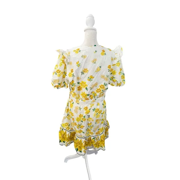 FARM Rio Azaleia Mini Dress M Yellow Floral Cotton Puff Sleeve V-Neck Missing Be - Image 6