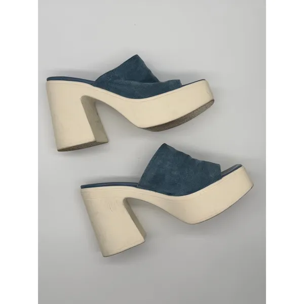 Free People Zoe Platform Sandals 39 Blue Suede Chunky Block Heel Square Toe Mule - Image 2