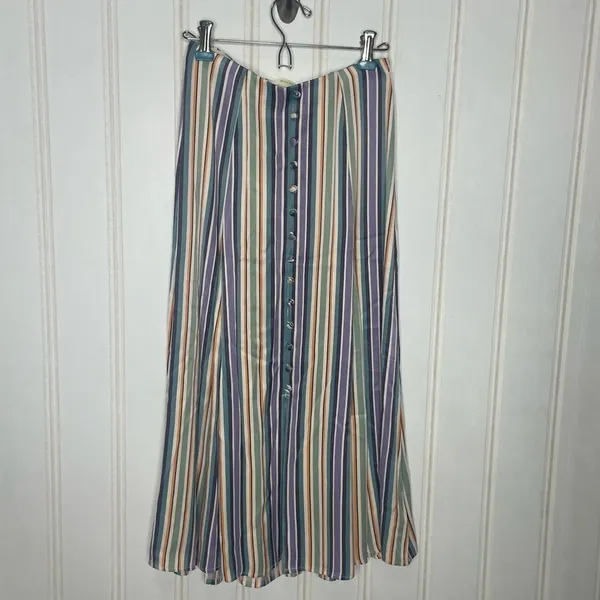 Maeve Anthropologie Freya Satin Multi Stripe Button Front Midi Skirt Xs/0 349 - Image 3