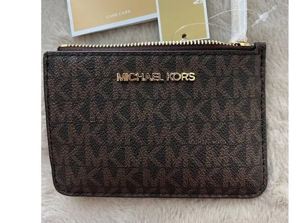 Michael Kors Jet Set Small Brown Coin Pouch W/ ID Window Monogram Leather Wallet - Image 5