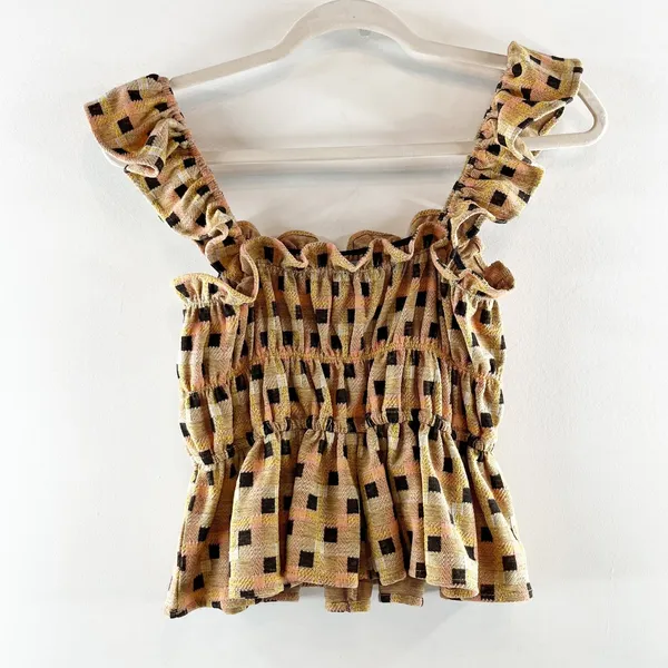 Anthropologie Eva Franco Ruffle Strap Check Peplum Tank Top Tan Black XS - Image 4